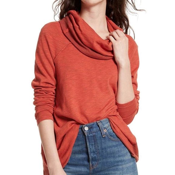 FREE PEOPLE BEACH RUSTY ORANGE LONG SLEEVE COCOON COWL NECK PULLOVER - Picture 2 of 4